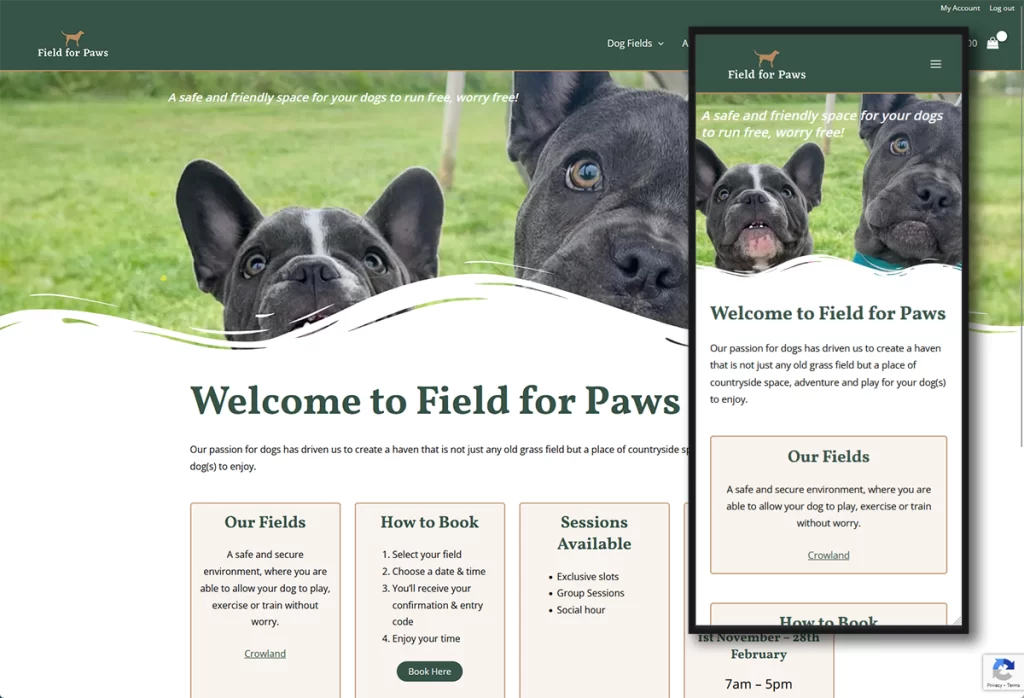 Desktop and mobile versions of Field for Paws home page